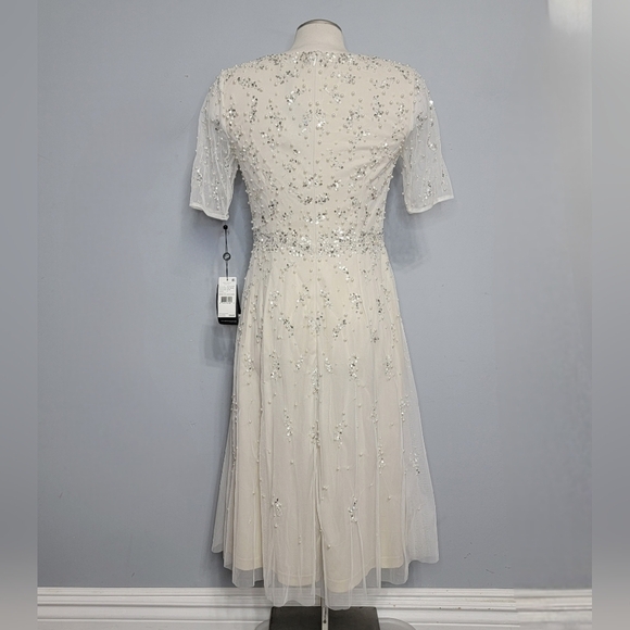 Adrianna Papell | Beaded Short Sleeve Tea Length Formal Dress - Picture 12 of 16